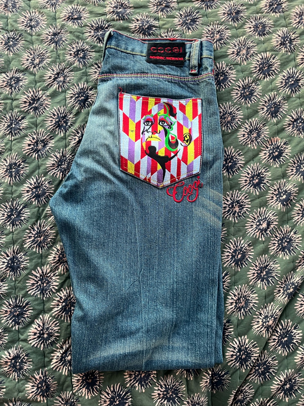 Coogi embroidered wide leg jeans